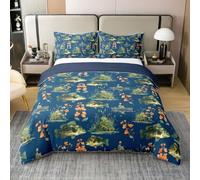 Loussiesd Set copripiumino 100% cotone per letto king size con pesce luccio, per ragazzi e ragazze, set di biancheria da letto da 3 pezzi, motivo floreale blu, decorazione per la stanza dei pescatori