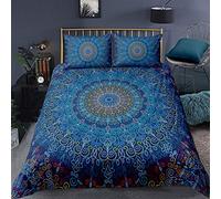Loussiesd Set copripiumino con motivo mandala 3 pezzi,set di da letto bohémien con floreale etnica esotica,motivo floreale,con mandala blu,con 2 federe in microfibra con cerniera