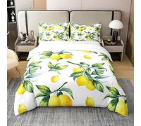 Loussiesd Set copripiumino in 100% cotone, per letto matrimoniale, motivo botanico con limoni, set di biancheria da letto decorativo con frutta tropicale, set copripiumino in cotone per camera da