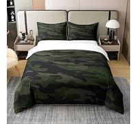 Loussiesd Set copripiumino in cotone 100% mimetico per letto singolo, stile militare, verde e grigio