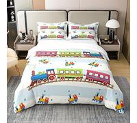 Loussiesd Set copripiumino in cotone con motivo treno dei cartoni animati, per bambini e ragazzi, ultra morbido, decorazione per la camera, con chiusura a cerniera