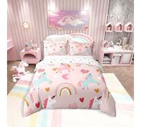 Loussiesd Set copripiumino in cotone con unicorno per bambini carino cartone animato unicorni decorazione piumone per ragazze rosa set copripiumino arcobaleno set copripiumino per letto singolo