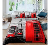 Loussiesd Set Copripiumino Londra per Bambini Cabina Telefonica Rossa Set Biancheria da Letto Paesaggio Romantico della Città Old Street Big Ben Vintage Retrò Copripiumino 3 Pezzi King Size