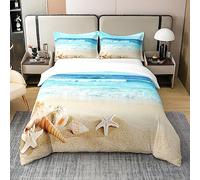 Loussiesd Set copripiumino matrimoniale in 100% cotone, motivo oceano, per camera da letto, auto, reversibile, hawaiano, spiaggia, conchiglie, vita marina, mare, blu