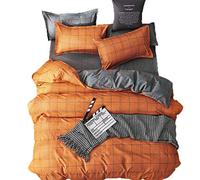 Loussiesd Set copripiumino matrimoniale reversibile a quadri, arancione e grigio, con chiusura a cerniera, in microfibra leggera e morbida, 3 pezzi (1 copripiumino + 2 federe), biancheria da letto a