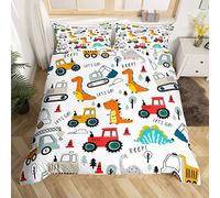 Loussiesd, Set copripiumino per letto matrimoniale per bambini e ragazzi, decorativo, con motivo con dinosauri, escavatori, camion, trattori e gru