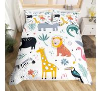 Loussiesd, Set copripiumino per letto singolo, per bambini e ragazzi, carino e decorativo, a tema animali dello zoo/safari, con animali selvatici, leoni, giraffe, zebre ed elefanti