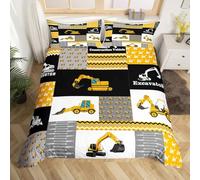 Loussiesd, Set copripiumino per letto singolo per bambini e ragazzi, decorativo, con motivo geometrico con veicoli da costruzione, tra cui escavatori e camion