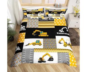 Loussiesd, Set copripiumino per letto singolo per bambini e ragazzi, decorativo, con motivo geometrico con veicoli da costruzione, tra cui escavatori e camion