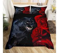 Loussiesd Set copripiumino per letto super king size con motivo leopardato 3D Pantera Nera, set di biancheria da letto con animali selvatici, set di biancheria da letto con splendida rosa rossa