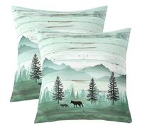 Loussiesd Set di 2 federe per cuscini con stampa di lupo e boschi nebbiosi con volpe, per casa, divano, letto, bambini, ragazzi e ragazzi, paesaggio naturale, federe rustiche in legno, 50 x 50 cm