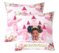 Loussiesd Set di 2 federe per cuscino con castello della principessa, 60 x 60 cm, bella ragazza nera, decorazione con fiori carini, fiabe da sogno, per interni ed esterni, rosa, super morbide