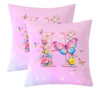 Loussiesd Set di 2 federe per cuscino con farfalla H, per ragazze, ragazzi e bambini, 55 x 55 cm, decorazione floreale con farfalle, arcobaleno, decorazione per la stanza, personalizzata, per interni