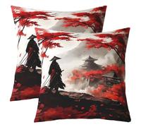 Loussiesd Set di 2 federe per cuscino con motivo samurai giapponese, 50 x 50 cm, per bambini, ragazzi, ragazze, adolescenti, tramonto, stile esotico, montagna Fuji, decorazione per la casa