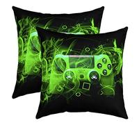 Loussiesd Set di 2 federe per cuscino per giocatore, 55 x 55 cm, per divano, letto, controller di gioco, moderna, console di gioco, tasti d'azione, geometria, cuscino per divano, verde