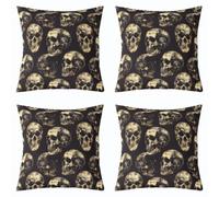 Loussiesd Set di 4 federe decorative per cuscini con teschio di zucchero, 45 x 45 cm, a tema Halloween, per divano, letto, ossa, oro, nero, decorazione per la casa