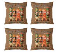 Loussiesd Set di 4 federe quadrate per cuscino natalizio con schiaccianoci, 45 x 45 cm, reversibile, motivo soldatino, decorazione per la casa, stile retrò, chiusura con cerniera