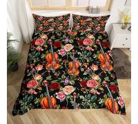 Loussiesd Set di biancheria da letto a tema violino per bambini, ragazzi e ragazze, con stampa di strumenti musicali, set copripiumino super king size con rose e fiori romantici, collezione di