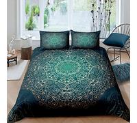 Loussiesd Set di biancheria da letto con copripiumino e 2 federe, in stile bohémien con mandala, decorativo, esotico, floreale, per ragazze, bambini, donne, chic, colore: verde dorato