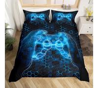 Loussiesd Set di biancheria da letto con copripiumino e biancheria da letto a nido d'ape, per bambini, motivo geometrico esagonale, colore blu, nero, esagonale, geometrico, per letto per bambini