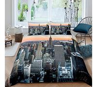 Loussiesd, set di biancheria da letto con copripiumino e copriletto con paesaggio artistico del tramonto contemporaneo con lo skyline di Manhattan della città di New York, 3 pezzi, misura king