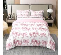 Loussiesd Set di biancheria da letto con copripiumino in 100% cotone con fiocco rosa, per ragazzi e ragazze, stile principessa, decorazione per camera da letto, 3 pezzi, chiusura a cerniera, con 2