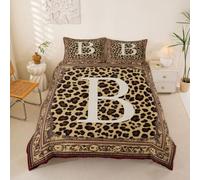 Loussiesd Set di biancheria da letto con copripiumino leopardato per ragazzi e ragazze, con iniziale lettera B, 3 pezzi, decorazione per la stanza, traspirante, morbido e leggero, in microfibra