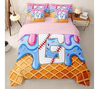 Loussiesd Set di biancheria da letto con copripiumino singolo con lenzuola, per bambini, ragazzi e ragazze, stampa lettera "G", 7 pezzi, rosa blu, gelato, decorazione per la stanza, morbida microfibra