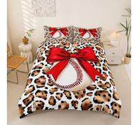 Loussiesd Set di biancheria da letto con copripiumino super king size da baseball per ragazzi e ragazze con fiocco rosso traspirante morbido leopardato copriletto 3 pezzi decorazione camera da letto