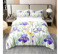 Loussiesd Set di biancheria da letto con fiori di iris in fiore e farfalla, 100% cotone, set copripiumino per ragazza, farfalla, floreale, set copripiumino viola senza piumino