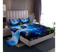 Loussiesd Set di biancheria da letto con meduse per bambini e adolescenti, con simpatici pesci e piante disegnati, lenzuolo con angoli per bambini, mondo sottomarino, biancheria da letto con creature