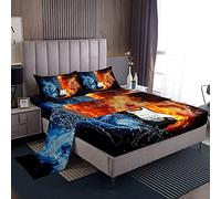 Loussiesd - Set di biancheria da letto con motivo chitarra e musica rock, per ragazzi e adulti, con note musicali di fuoco e acqua, con 1 lenzuolo con angoli, 1 lenzuolo piano + 1 federa, per letto