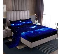 Loussiesd - Set di biancheria da letto con motivo galassia blu, spazio esterno, cielo stellato e luna, lenzuola in microfibra per bambini, ragazzi e ragazze, misura matrimoniale