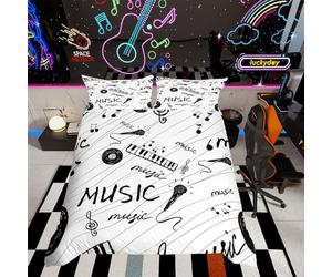 Loussiesd Set di biancheria da letto con note musicali in bianco e nero, per ragazzi e ragazze, con copripiumino e microfono in vinile, per letto singolo