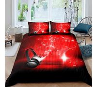 Loussiesd - Set di biancheria da letto con note musicali, per ragazze e ragazzi, per bambini, con cuffie e piumone, motivo musica rock, colore: rosso e nero, biancheria da letto matrimoniale