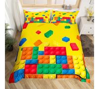 Loussiesd Set di biancheria da letto con stampa a mattoncini, matrimoniale, set copripiumino per bambini, per ragazzi, adolescenti, colorato, traspirante, gaming, giallo, decorazione della stanza