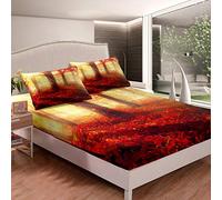 Loussiesd Set di biancheria da letto con stampa di alberi di paesaggio naturale, set di lenzuola adulti con albero della foresta rossa, della stanza, 2 pezzi singolo