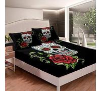 Loussiesd Set di biancheria da letto con teschio, ragazzi,scheletro della morte, stampa floreale, lenzuolo con angoli gotici con stampa di ossa e teschi, per la stanza 3 pezzi king