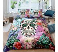 Loussiesd set di biancheria da letto da 2 pezzi in morbida microfibra con copripiumino stampato con teschio e motivo floreale con rose e 1 federe, per letto 135x200cm