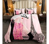 Loussiesd Set di biancheria da letto da donna sexy alla moda con torre Eiffel Chic Paris piumino per bambini e ragazze rosa moderno stile francese leggero con Trapunta e Trapunta 230x220cm
