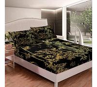 Loussiesd Set di biancheria da letto di lusso nero oro bambù lenzuolo con angoli per uomo donna camera da letto senior, set di lenzuola botaniche orientali regalo orientale copertura letto