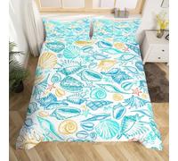 Loussiesd Set di biancheria da letto e biancheria da letto con motivo oceano con stelle marine e conchiglie 3D e stelle marine, colori acquerello, blu, giallo, verde, 2 pezzi, per letto per bambini