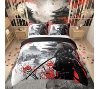 Loussiesd Set di biancheria da letto giapponese super king size Samurai per ragazzi e ragazze ragazzi tramonto 100% cotone tradizionale retrò tema copripiumino bianco rosso copripiumino senza piumino