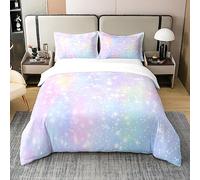 Loussiesd Set di biancheria da letto in 100% cotone con glitter, copripiumino per letto singolo, colori pastello, set di biancheria da letto con colori arcobaleno, set copripiumino colorato viola rosa
