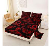 Loussiesd Set di biancheria da letto king size per bambini e bambine a tema Halloween, motivo falena della morte, con tasche profonde da 40,6 cm, stile gotico, 4 pezzi, con 2 federe, rosso e nero