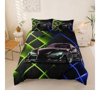 Loussiesd Set di biancheria da letto matrimoniale con auto da corsa, per ragazzi e ragazze, traspirante, morbido, a griglia, 3 pezzi, decorazione per camera da letto, in microfibra, chiusura con