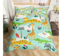 Loussiesd Set di biancheria da letto per bambini a tema animale, con giraffa, tigre, coccodrillo e stampa con alberi e piante, set di biancheria da letto decorativo per ragazze ragazzi e adolescenti