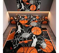 Loussiesd Set di biancheria da letto per bambini a tema basket, con copripiumino e 1 federa, per bambini, ragazzi e ragazzi, 1 copripiumino con 1 federa, nero e arancione, per letto singolo