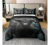 Loussiesd Set di biancheria da letto per bambini con copripiumino e federe in 100% cotone, motivo mucca delle Highland Highland, decorazione per casale occidentale, 3 pezzi, chiusura con cerniera e 2