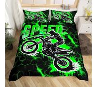 Loussiesd Set di biancheria da letto per bambini con copripiumino per ragazzi e ragazze, motivo motocross verde a nido d'ape, 3 pezzi